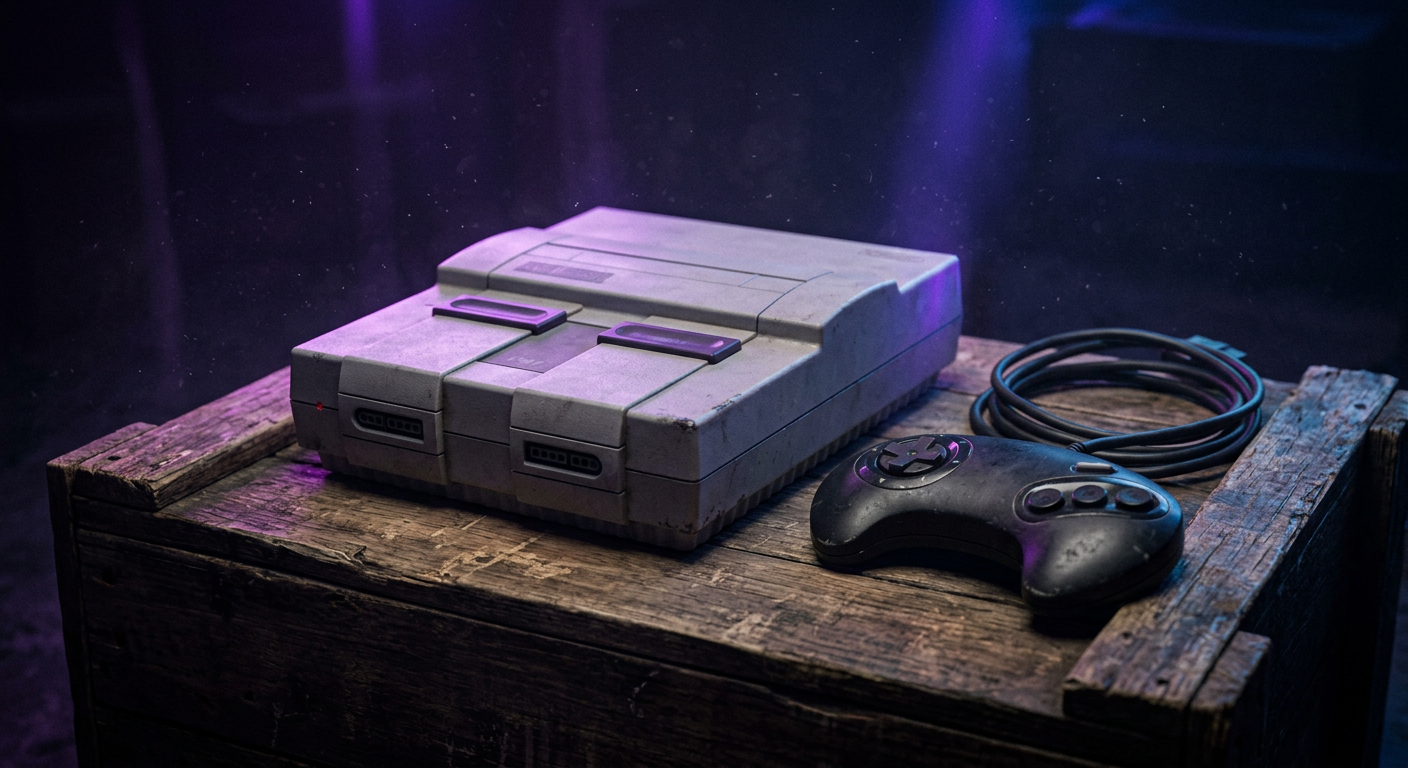 A vintage 90's console and corded controller lit by violet and blue neon light in a dark room.