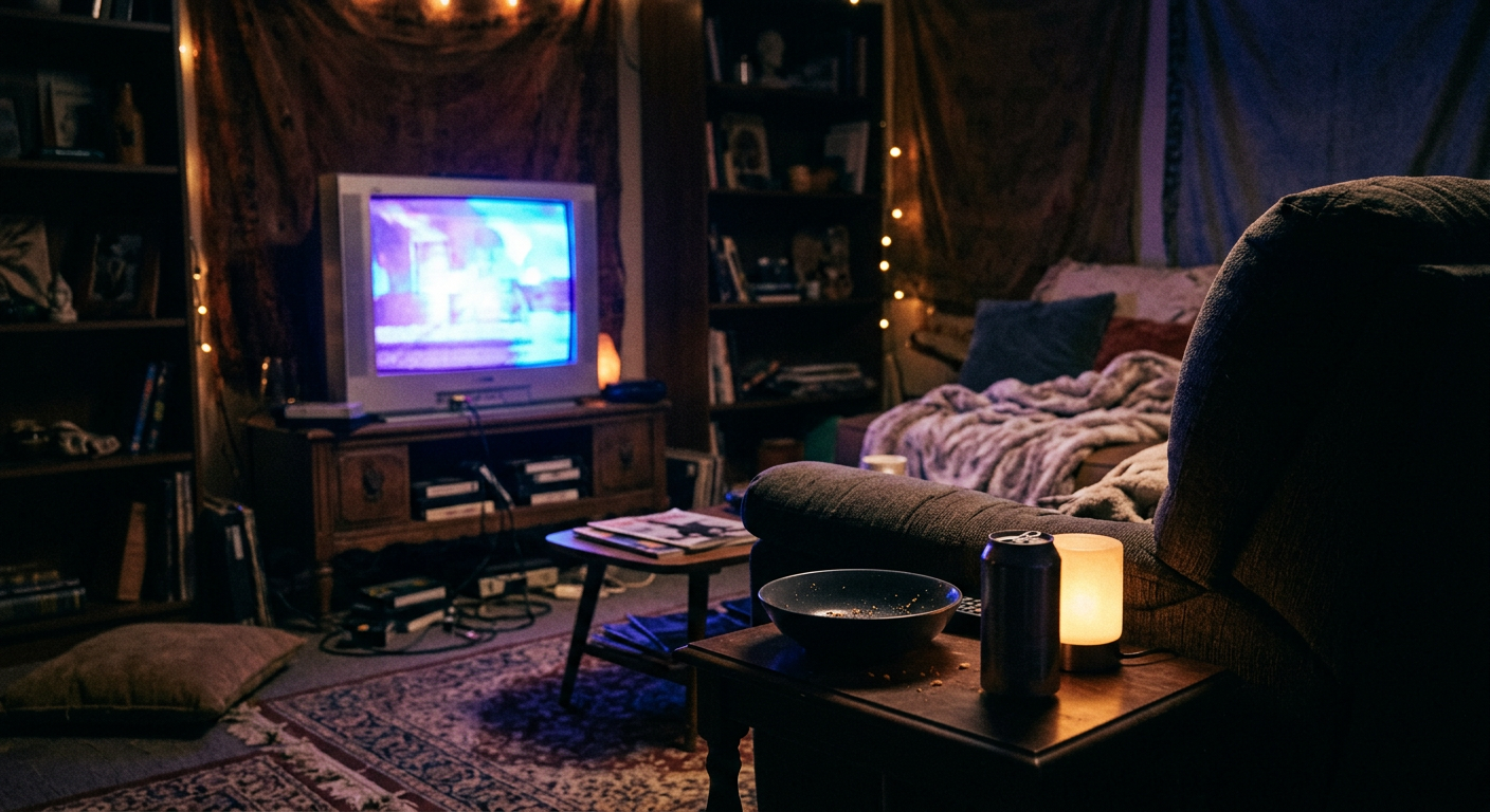 Sample scene: a dim room with a couch and a glowing CRT television, generated to illustrate a Night, not a photograph of an actual event.