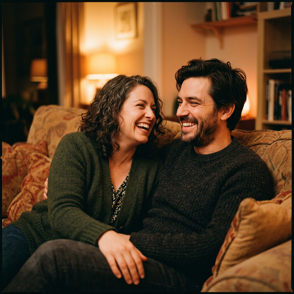 Two friends in their late thirties laughing together in warm lamp light.
