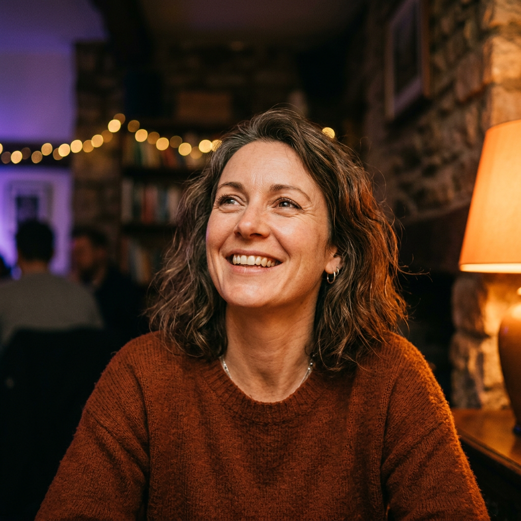 A woman smiling under warm and violet light.